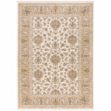 5' X 8' Ivory And Gold Oriental Power Loom Stain Resistant Area Rug With Fringe
