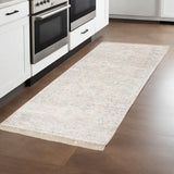 8' Beige And Gray Oriental Hand Loomed Runner Rug With Fringe