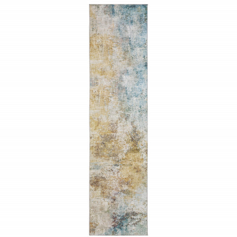 2' X 8' Blue And Yellow Abstract Power Loom Stain Resistant Runner Rug