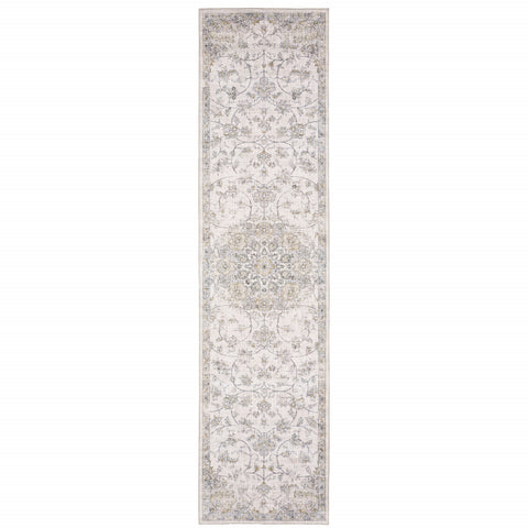8' Beige And Gold Oriental Distressed Runner Rug