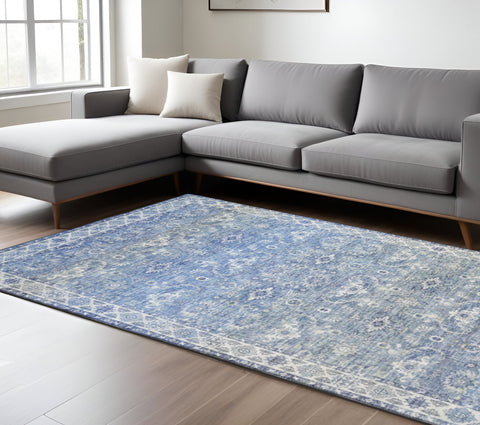 8' X 10' Blue And Ivory Oriental Distressed Area Rug