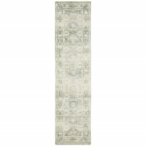 2' X 8' Green And Ivory Oriental Power Loom Stain Resistant Runner Rug