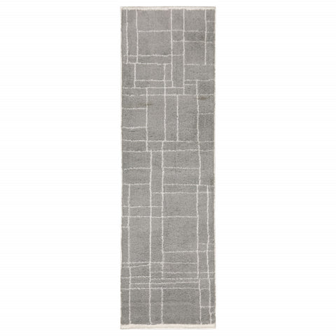 2' X 8' Grey And Ivory Geometric Shag Power Loom Stain Resistant Runner Rug