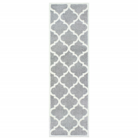 2' X 8' Grey And Ivory Geometric Shag Power Loom Stain Resistant Runner Rug