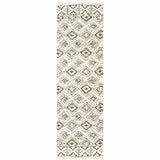 2' X 8' Ivory And Brown Geometric Shag Power Loom Stain Resistant Runner Rug