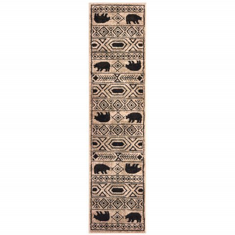 2' X 8' Ivory And Black Southwestern Power Loom Stain Resistant Runner Rug