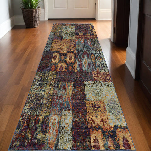 12' Blue And Red Ikat Runner Rug