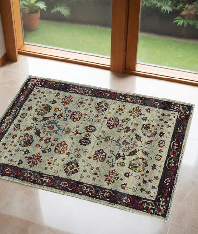 2' X 3' Stone And Red Oriental Area Rug