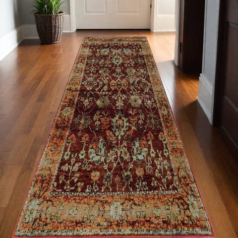 12' Red Gold And Green Oriental Runner Rug