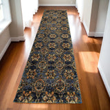 12' Blue And Gold Oriental Runner Rug