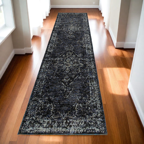 12' Blue And Brown Oriental Runner Rug