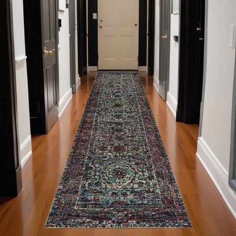 12' Blue And Purple Oriental Runner Rug
