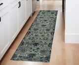 8' Blue And Green Oriental Runner Rug