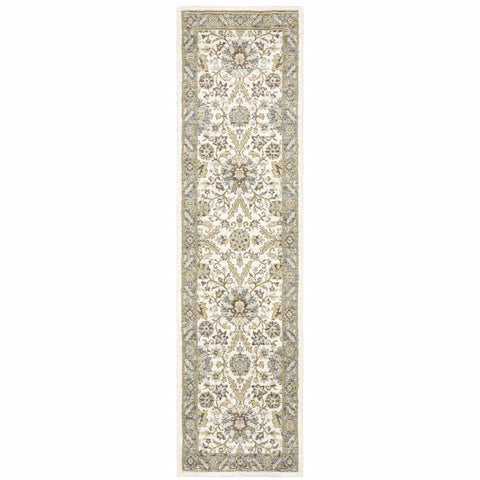 8' Gray And Ivory Oriental Runner Rug
