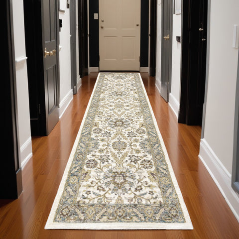12' Gray And Ivory Oriental Runner Rug