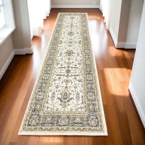 12' Ivory Gray And Blue Oriental Runner Rug