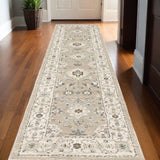 12' Gray And Ivory Oriental Runner Rug
