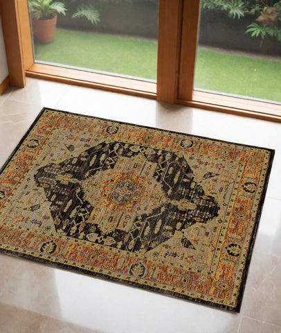 2' X 3' Gold And Gray Oriental Area Rug