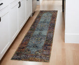 8' Blue And Beige Oriental Runner Rug