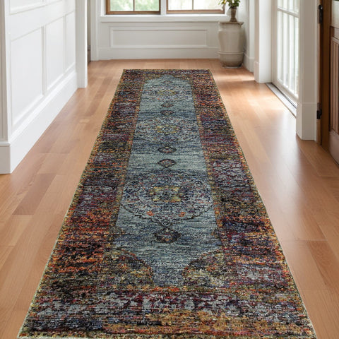 12' Blue And Red Oriental Runner Rug