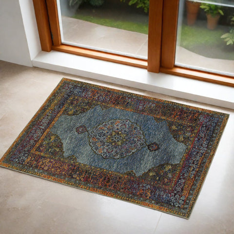 3' X 5' Blue And Beige Oriental Area Rug