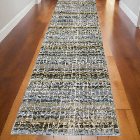 12' Blue Green And Teal Abstract Runner Rug