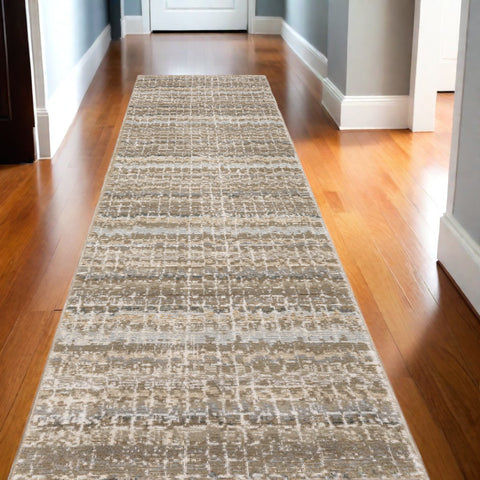 12' Ivory And Gray Abstract Runner Rug