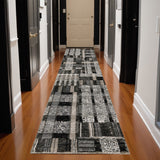 12' Black Gray And Ivory Geometric Runner Rug