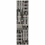 12' Black Gray And Ivory Geometric Runner Rug
