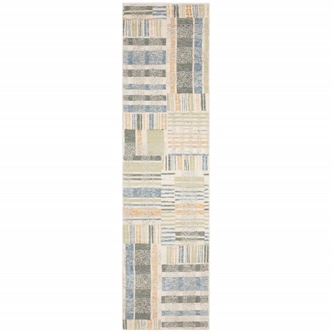 8' Blue And Green Geometric Runner Rug