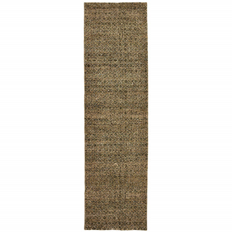 8' Green And Gold Geometric Distressed Runner Rug