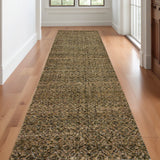 12' Green And Gold Geometric Distressed Runner Rug