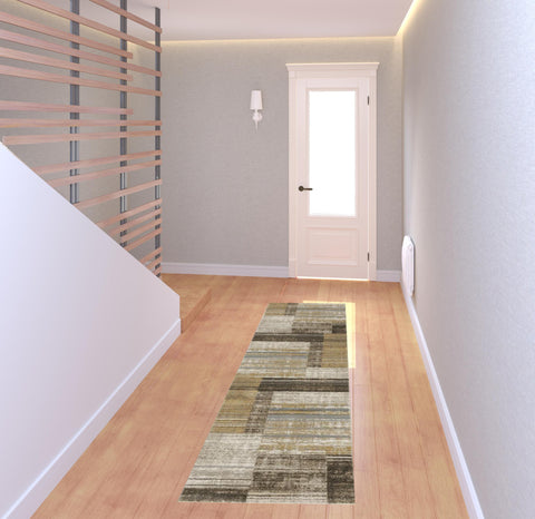 8' Beige and Charcoal Geometric Power Loom Runner Rug