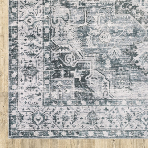 4' X 6' Navy Blue Ivory And Grey Oriental Printed Stain Resistant Non Skid Area Rug