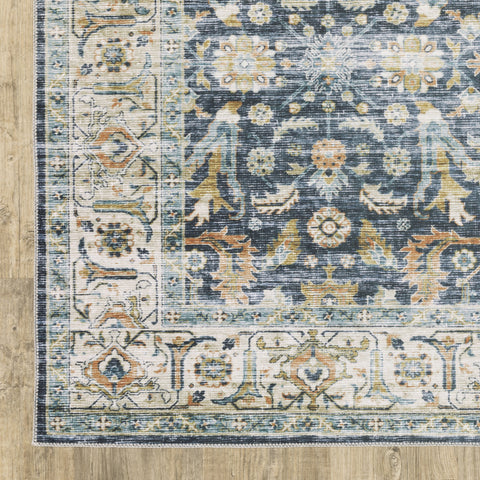 2' X 3' Blue And Gold Oriental Distressed Area Rug