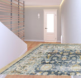 8' Blue And Gold Oriental Distressed Runner Rug