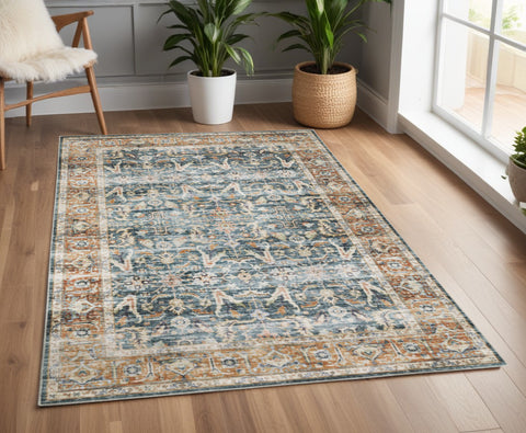 4' X 6' Blue and Beige Oriental Non Skid Area Rug