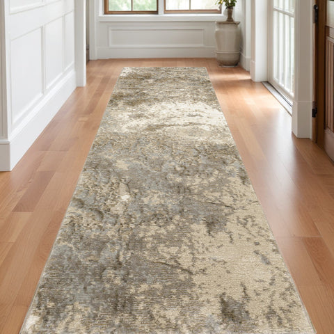 12' Gray Beige And Ivory Abstract Runner Rug