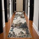 12' Green Gold And Blue Abstract Runner Rug