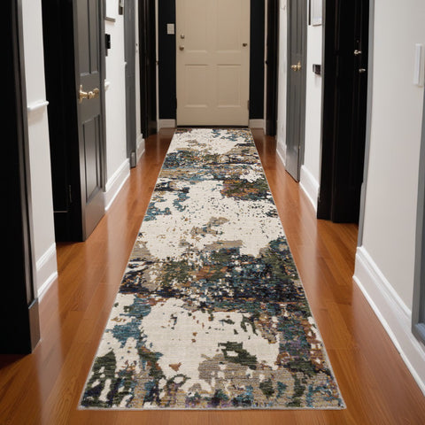 12' Green Gold And Blue Abstract Runner Rug