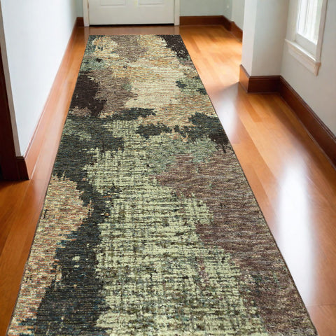 12' Blue And Brown Abstract Runner Rug