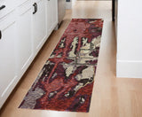 8' Red And Beige Abstract Runner Rug