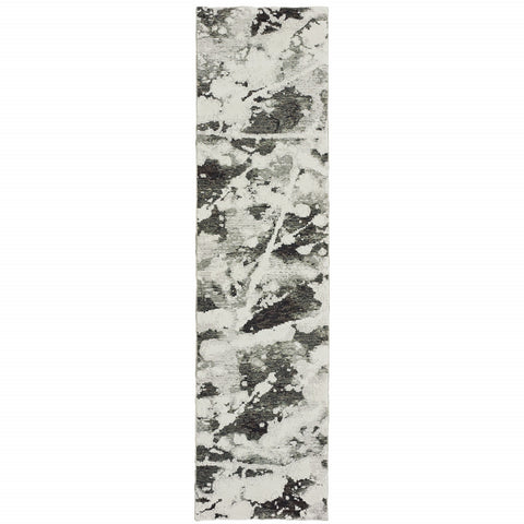 8' Charcoal And White Abstract Runner Rug