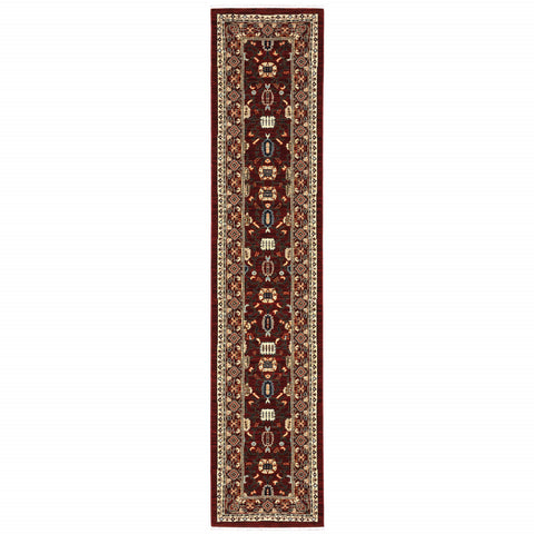 12' Red And Ivory Genuine Wool Oriental Runner Rug With Fringe