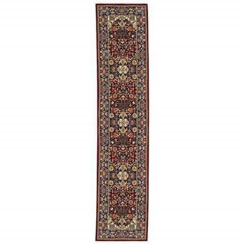 12' Blue And Red Genuine Wool Oriental Runner Rug With Fringe