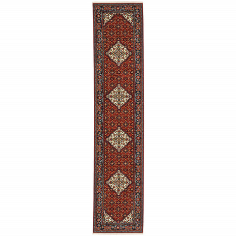 12' Blue And Red Genuine Wool Oriental Runner Rug With Fringe