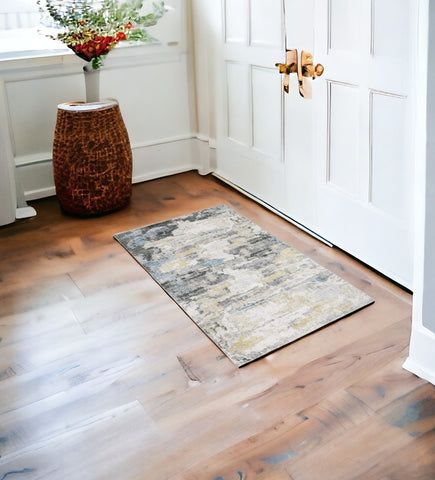 2' X 3' Ivory And Gray Abstract Distressed Area Rug