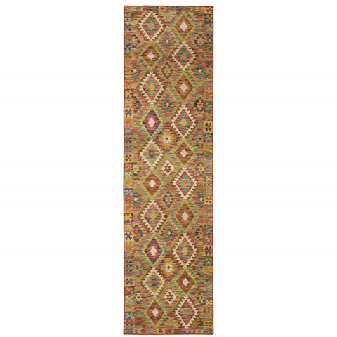 2' X 8' Gold Orange Brown Red Green Purple And Beige Southwestern Printed Stain Resistant Non Skid Runner Rug