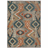 4' X 6' Blue Teal Grey Orange Gold Ivory And Rust Geometric Power Loom Stain Resistant Area Rug