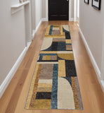 8' Blue And Beige Geometric Runner Rug